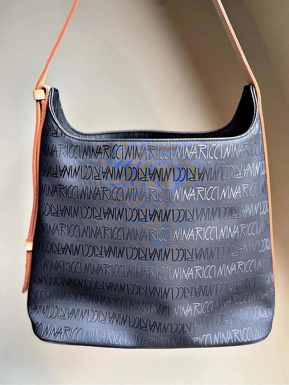 Nina Ricci Vintage Monogram Nylon Shoulder Bag with Leather Trim EUC